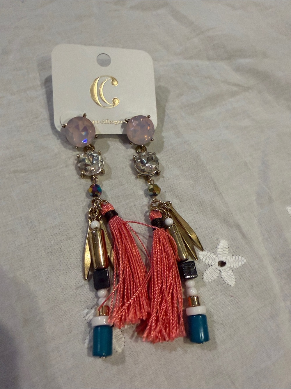 C Coral-Pink Tassel Drop Earrings with Gold Accents